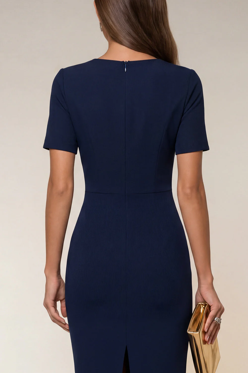 Bodycon granatowy dekolt w serek, krótki rękaw, midi sukienka robocza z rozcięciem - Image 4
