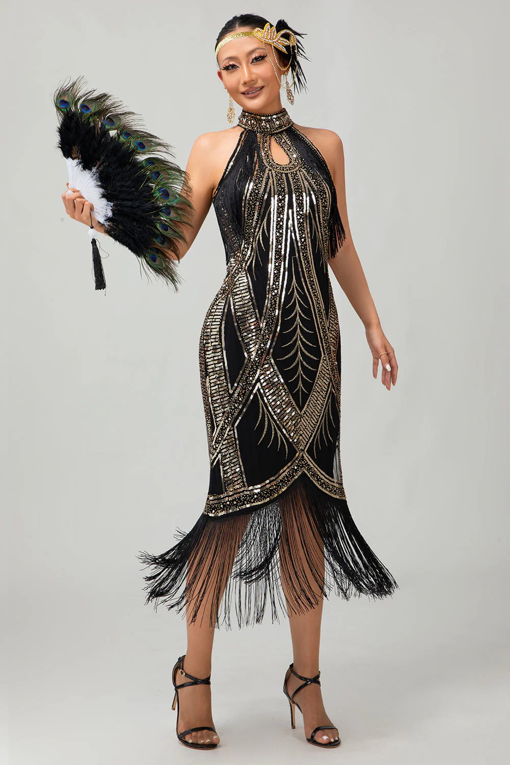 Bodycon Halter Złota Cekinowa Sukienka 1920 Z Frędzlami - Image 4