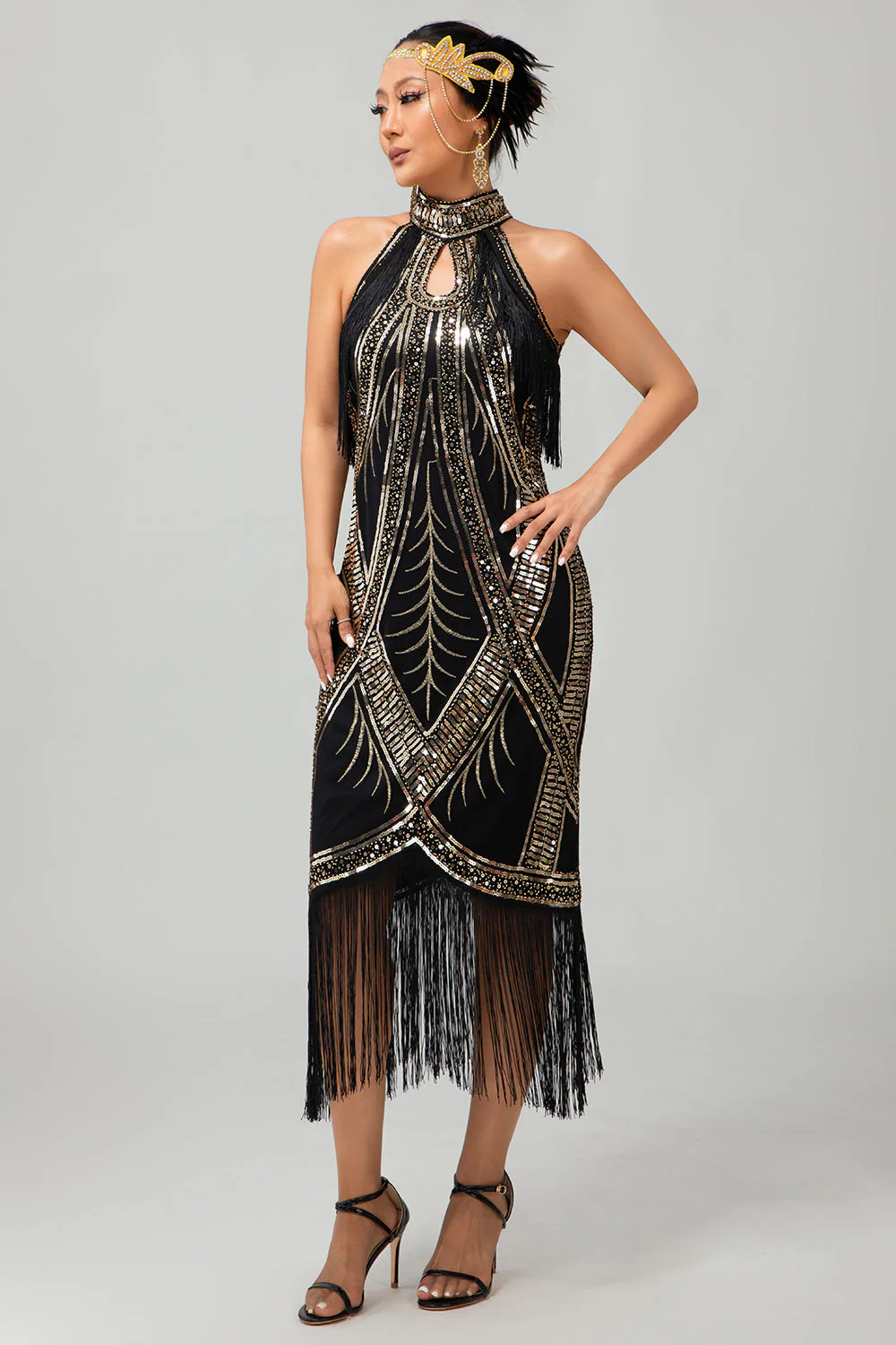 Bodycon Halter Złota Cekinowa Sukienka 1920 Z Frędzlami - Image 5