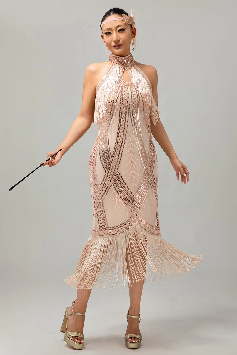 Bodycon Halter Złota Cekinowa Sukienka 1920 Z Frędzlami - Image 8