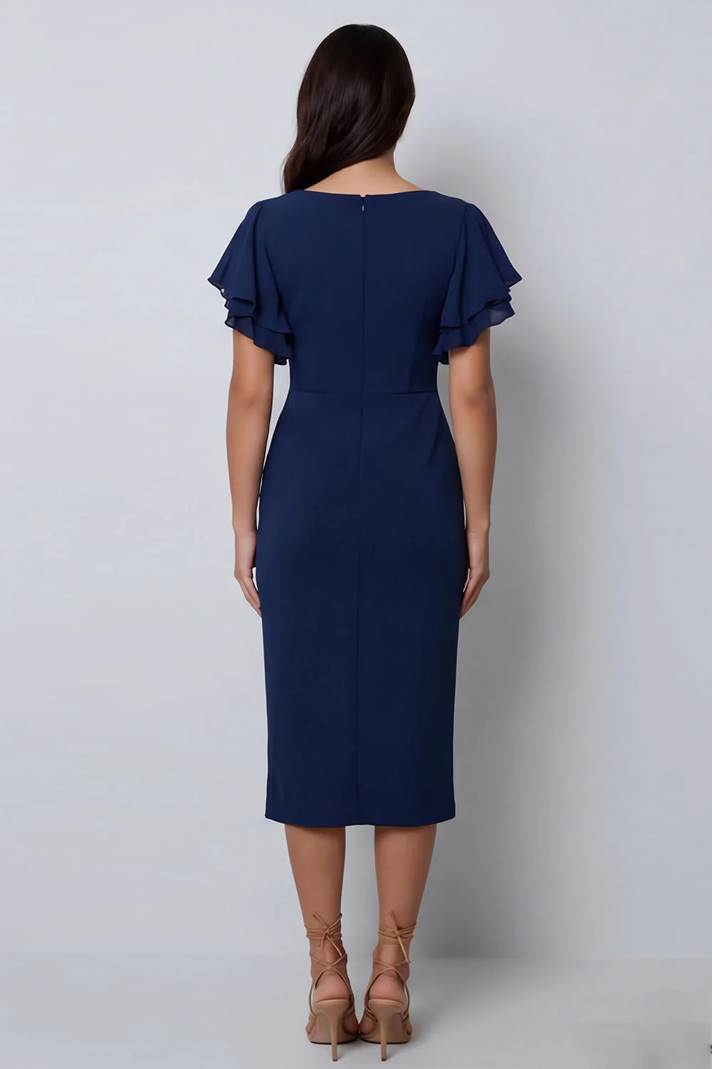 Bodycon Navy Flitter Sleeves Midi Work Dress z rozcięciem i dekoltem w serek - Image 2