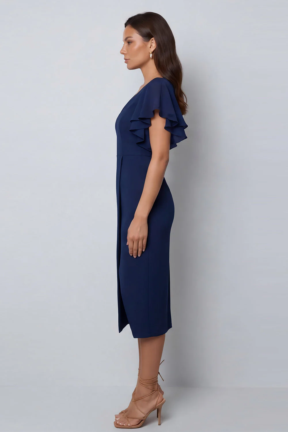 Bodycon Navy Flitter Sleeves Midi Work Dress z rozcięciem i dekoltem w serek - Image 3