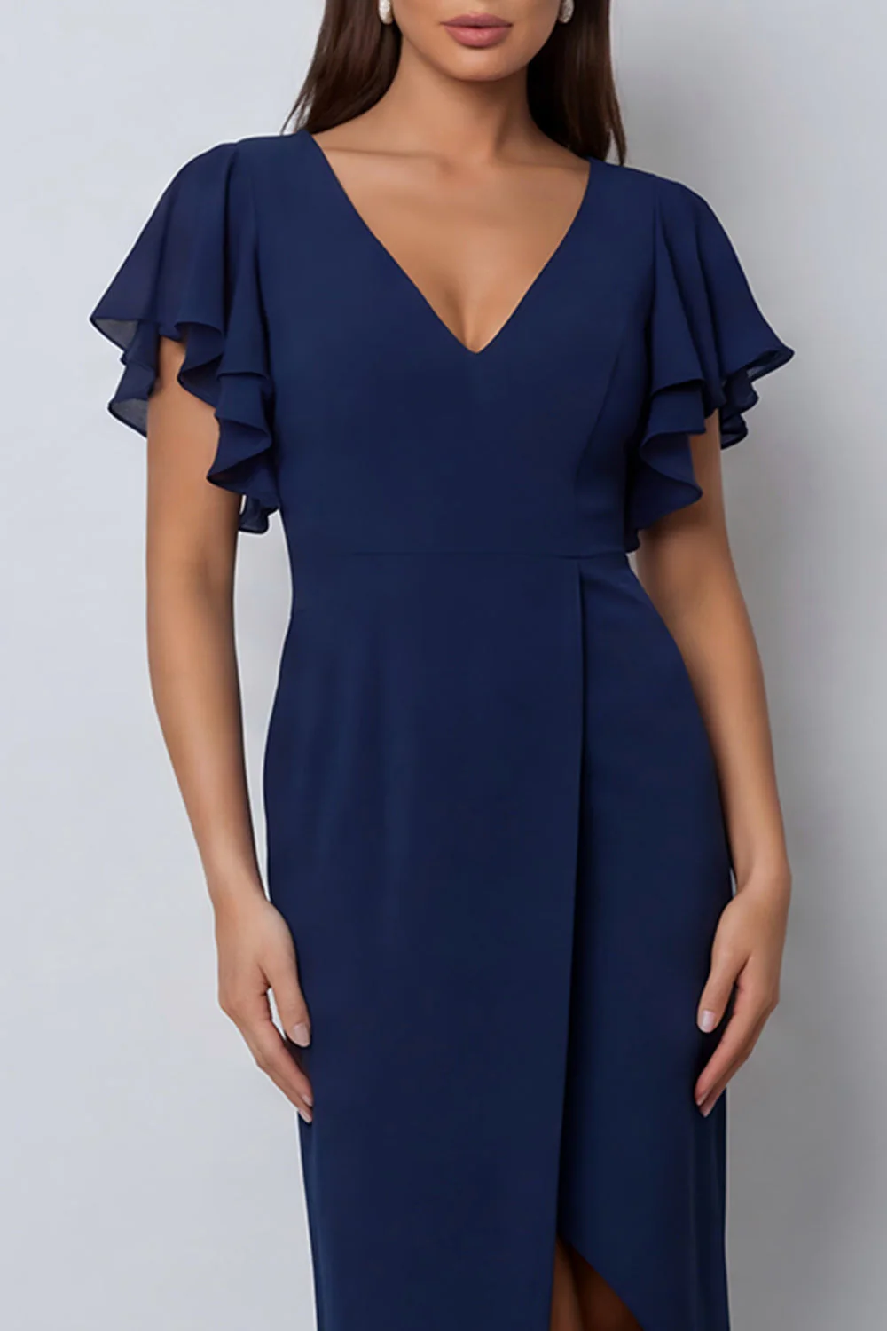 Bodycon Navy Flitter Sleeves Midi Work Dress z rozcięciem i dekoltem w serek - Image 4