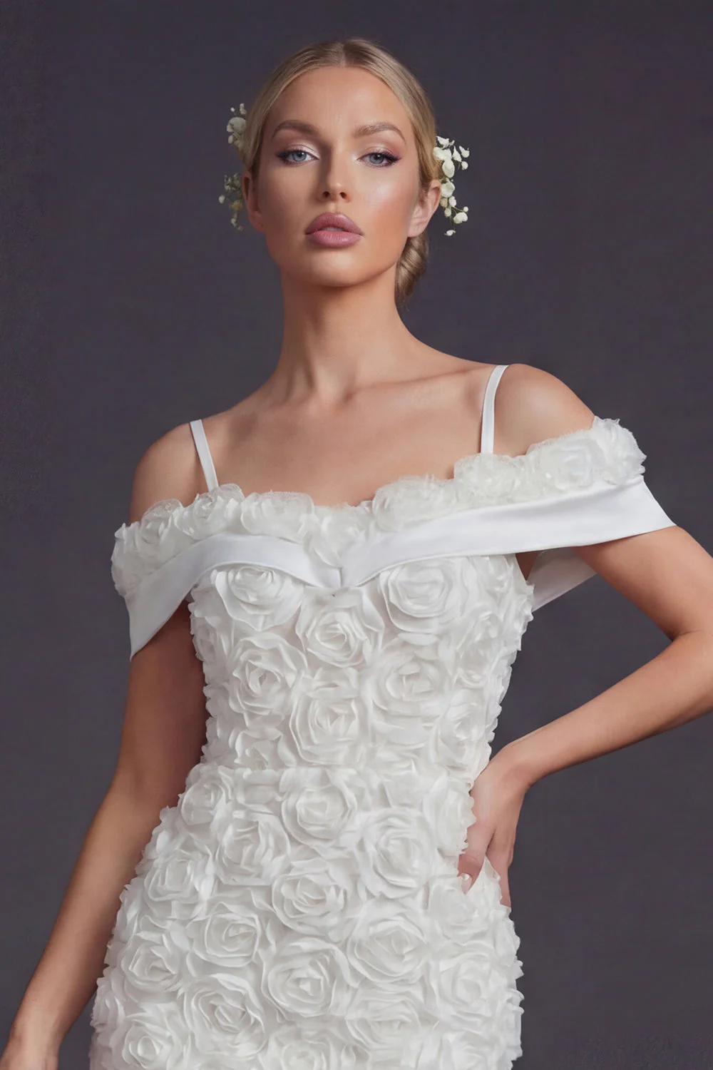 Bodycon White Cold Shoulder Short Wedding Dress z kwiatami 3D - Image 3