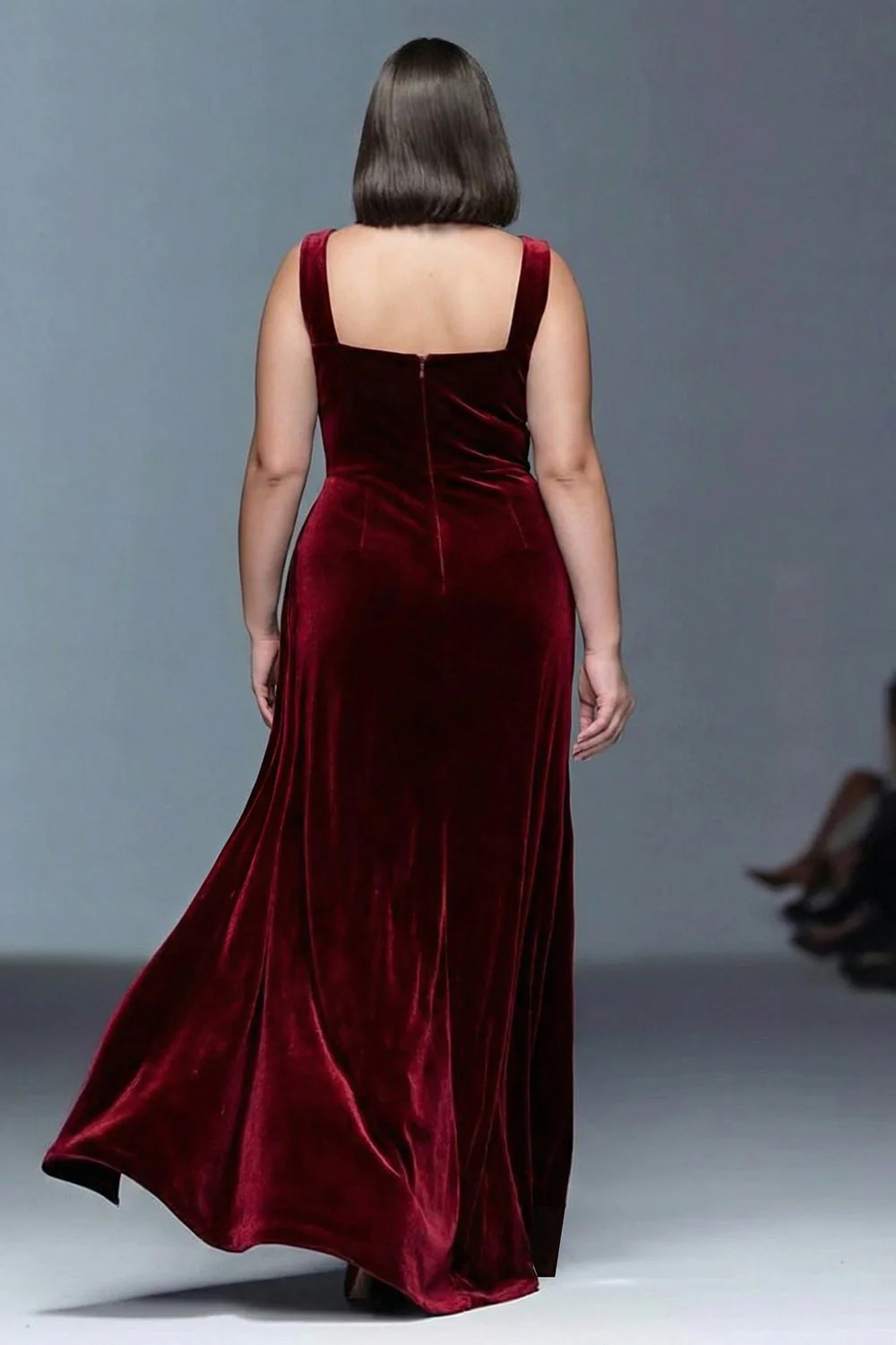 Bordowa aksamitna sukienka formalna w kształcie litery A z marszczkami, długa plus size z rozcięciem - Image 2
