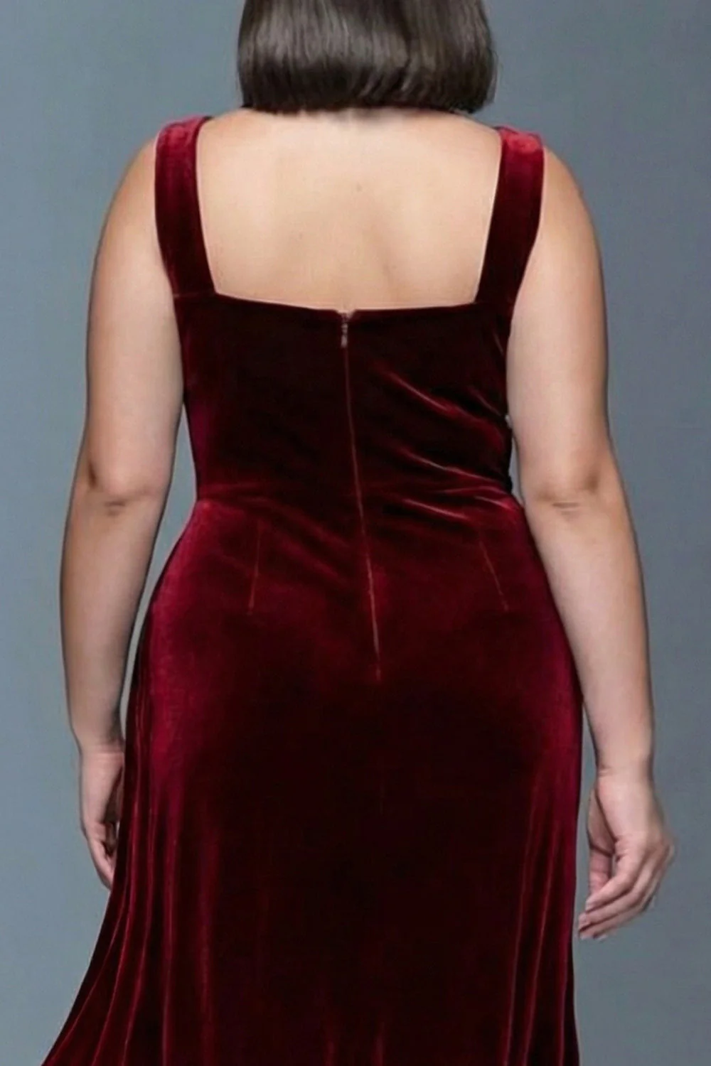 Bordowa aksamitna sukienka formalna w kształcie litery A z marszczkami, długa plus size z rozcięciem - Image 4