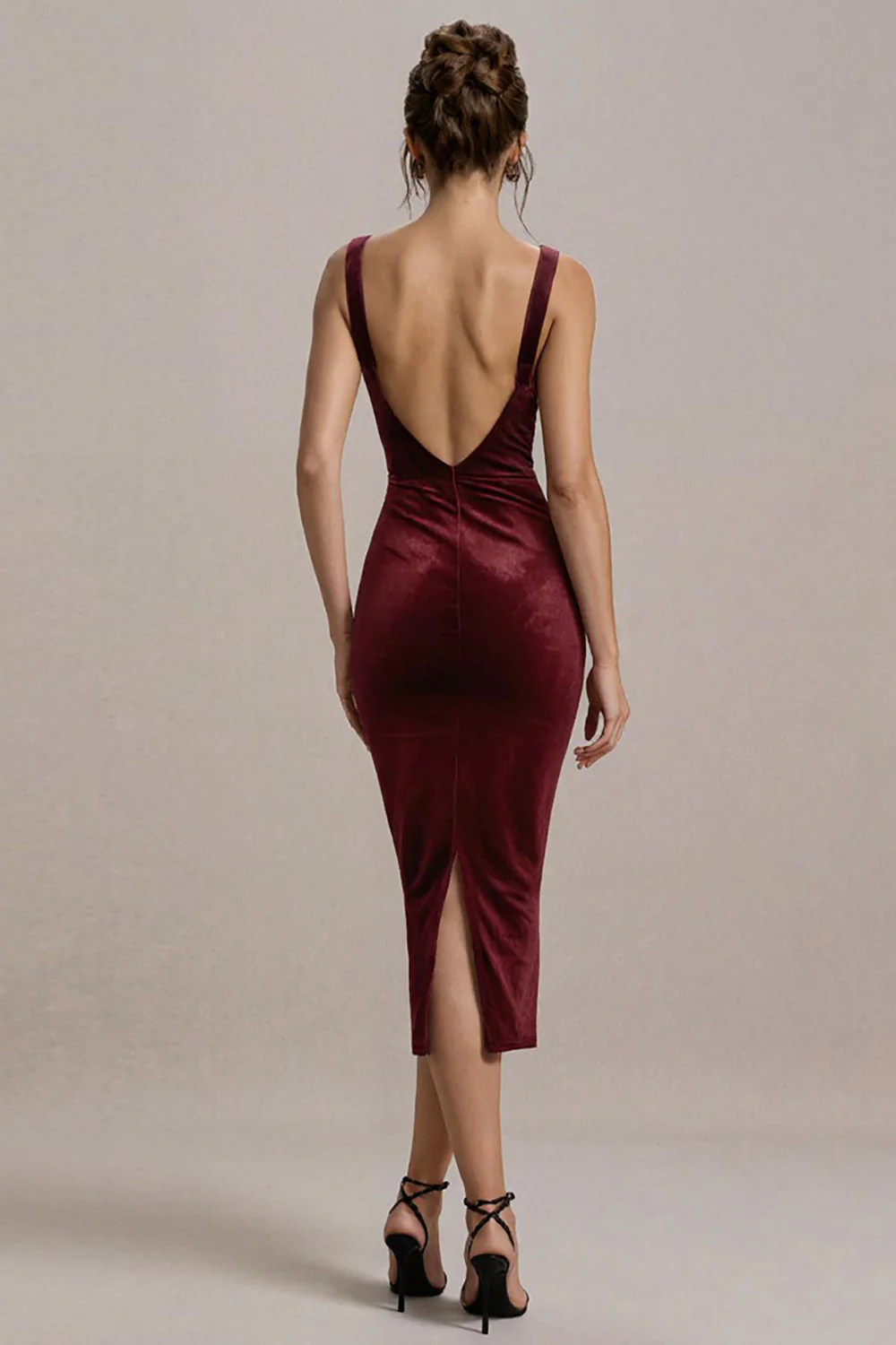 Bordowa aksamitna sukienka wizytowa midi bodycon - Image 2