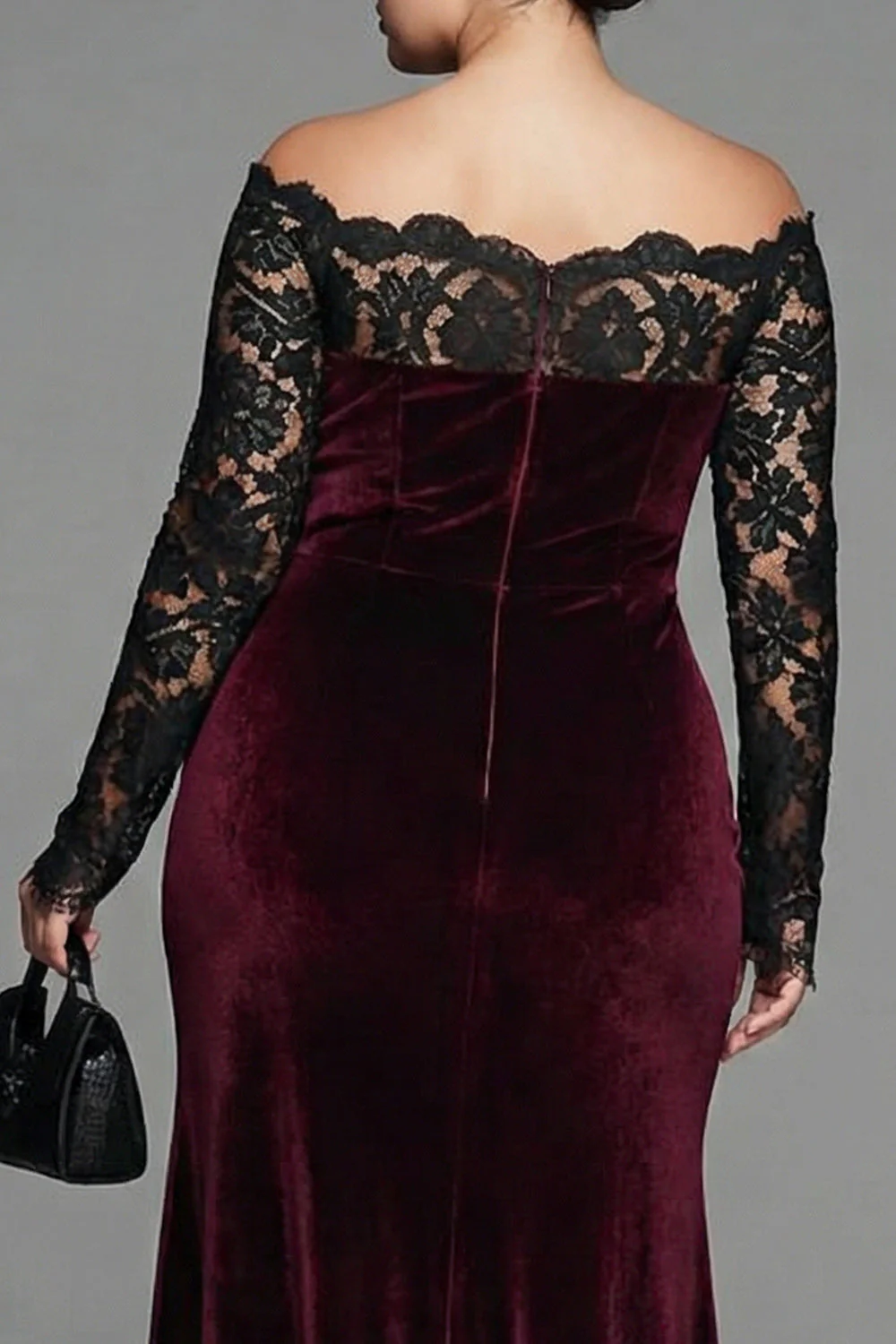 Bordowa koronkowa aksamitna sukienka syrena plus size – formalna sukienka z długimi rękawami - Image 2