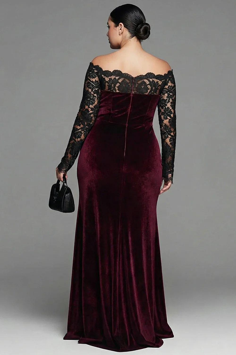 Bordowa koronkowa aksamitna sukienka syrena plus size – formalna sukienka z długimi rękawami - Image 3