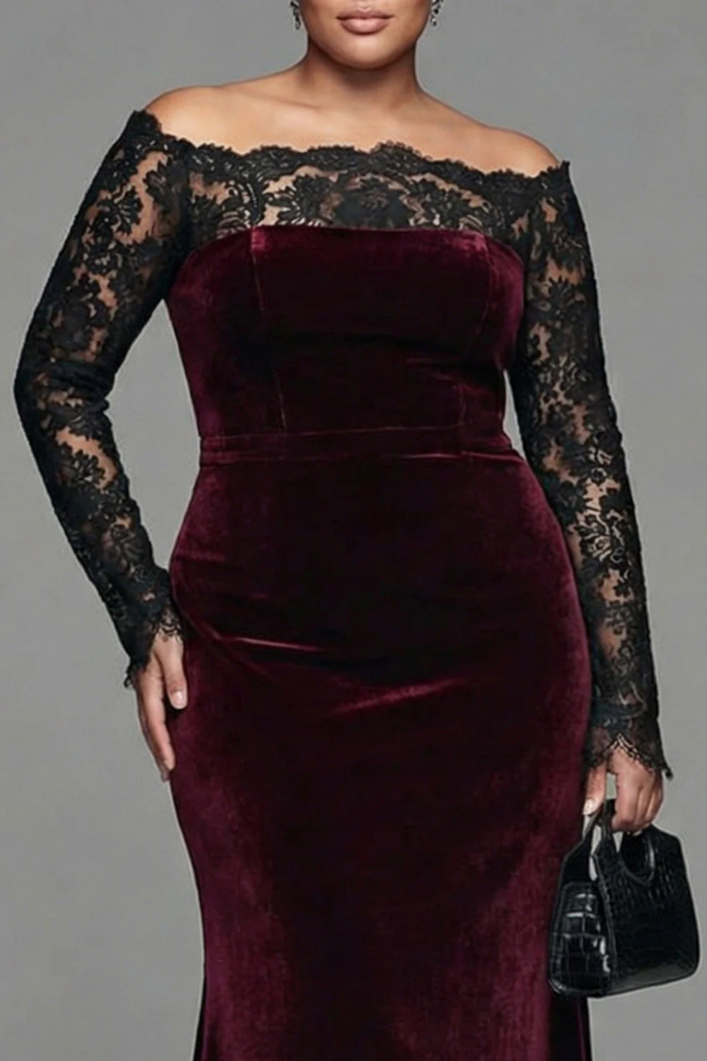 Bordowa koronkowa aksamitna sukienka syrena plus size – formalna sukienka z długimi rękawami - Image 4