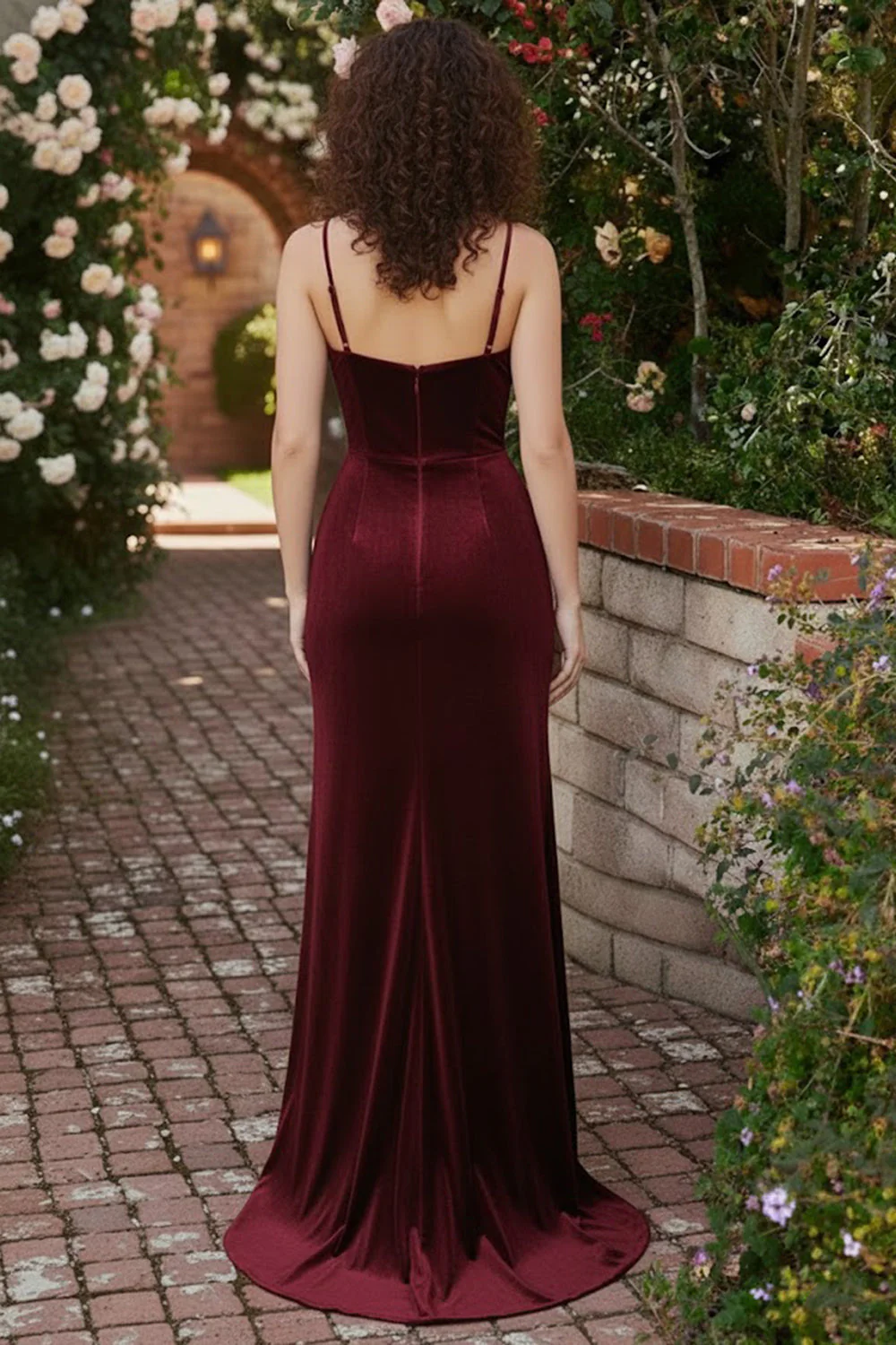 Bordowa Mermaid Velvet Gorset Spaghetti Straps Long Holiday Dress z rozcięciem - Image 2