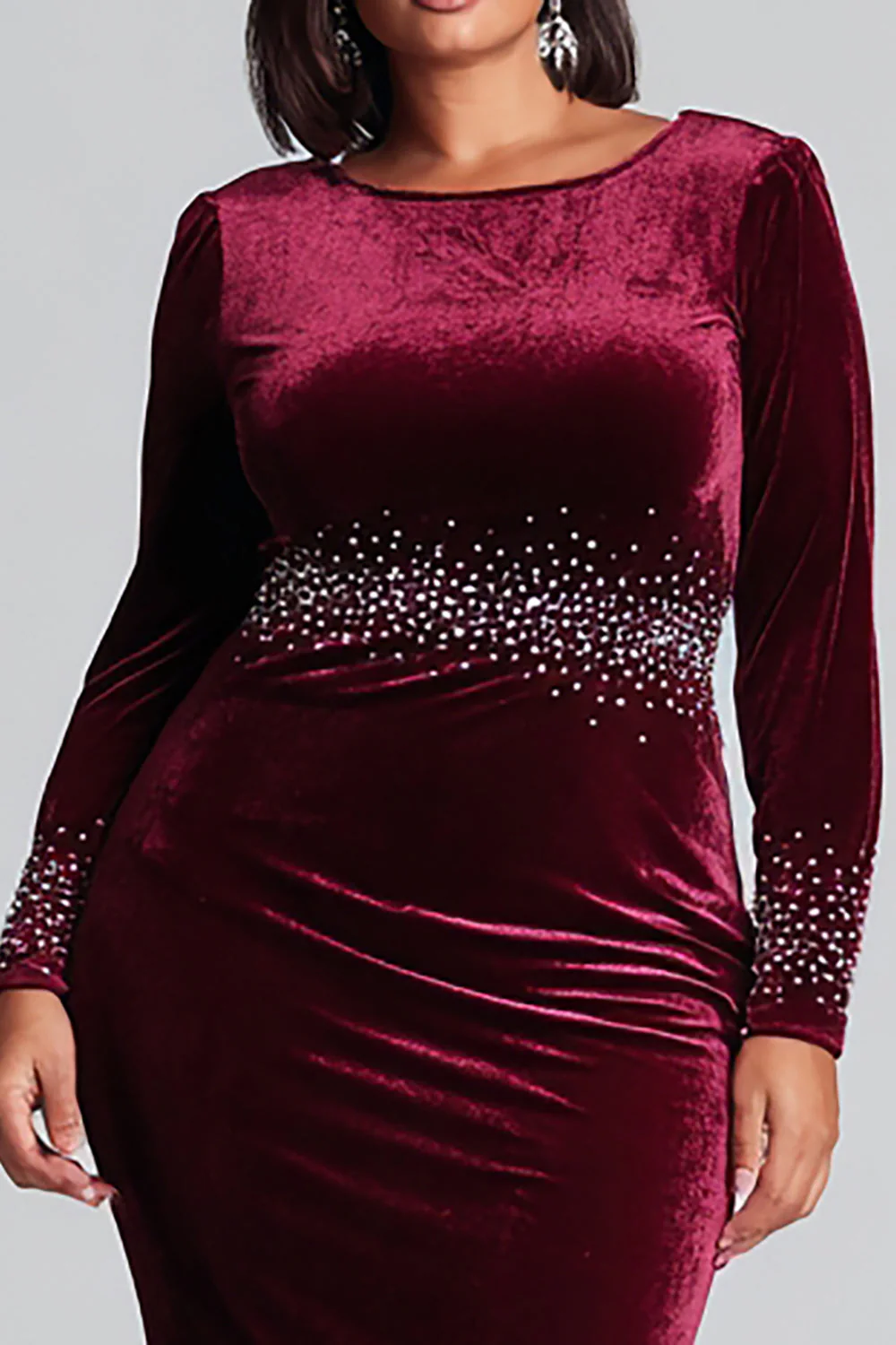 Błyszcząca Burgundii Aksamitna Plus Size Syrenka Długa Sukienki Wieczorowe z Koralikami - Image 2
