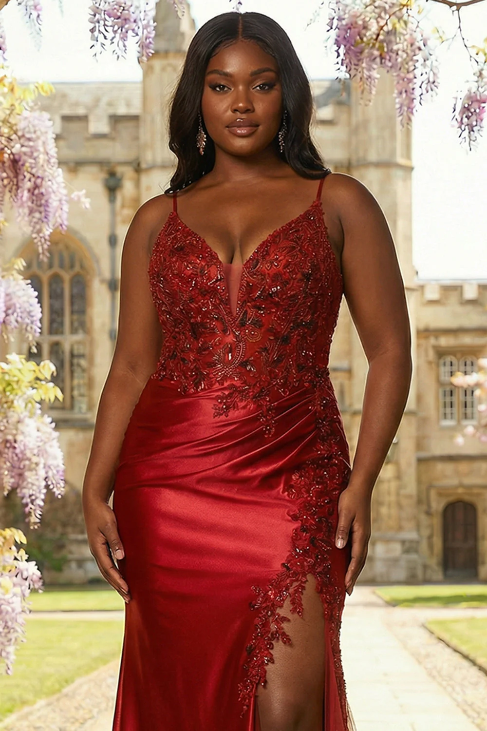 Bordowa satynowa sukienka syrena z aplikacjami plus size długa sukienka balowa z rozcięciem - Image 3