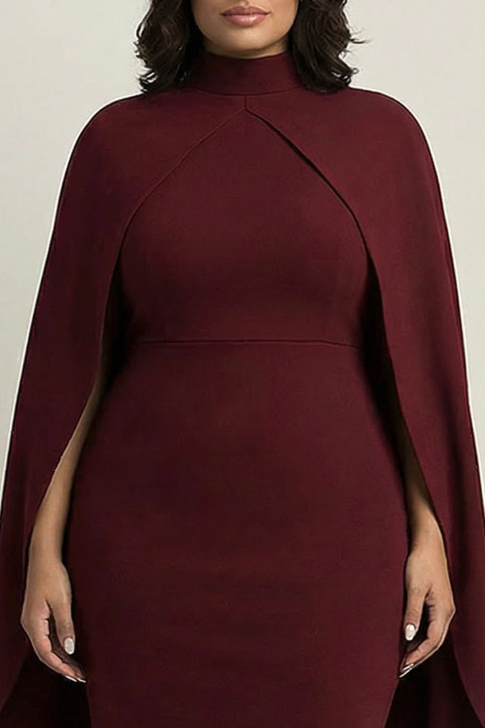 Bordowa sukienka formalna w rozmiarze plus size, z wysokim dekoltem i peleryną - Image 3
