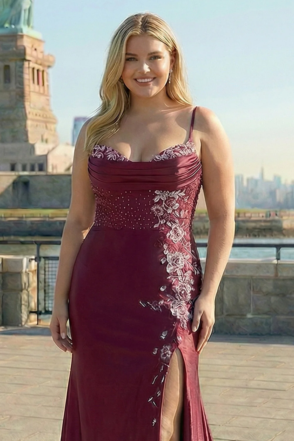 Bordowa sukienka na studniówkę z koralikami wyszywaną plus size długą sukienką na bal z rozcięciem - Image 3
