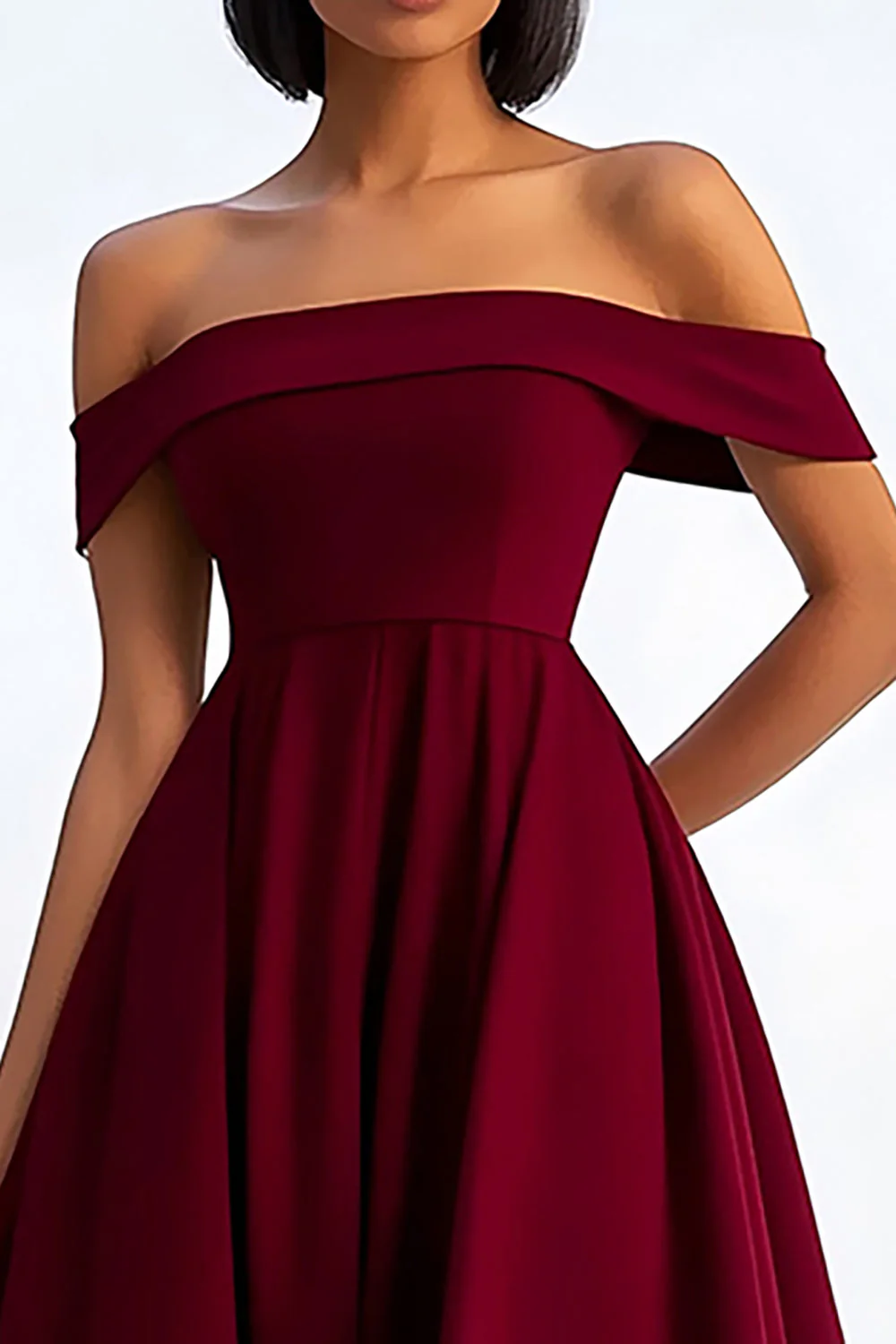 Bordowa sukienka wizytowa z krepy z linii A Off the Shoulder - Image 2