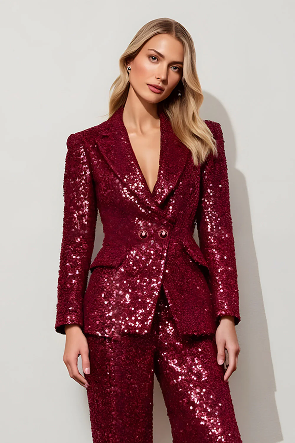 Bordowe cekiny slim fit 2-częściowe garnitury na studniówkę - Image 3
