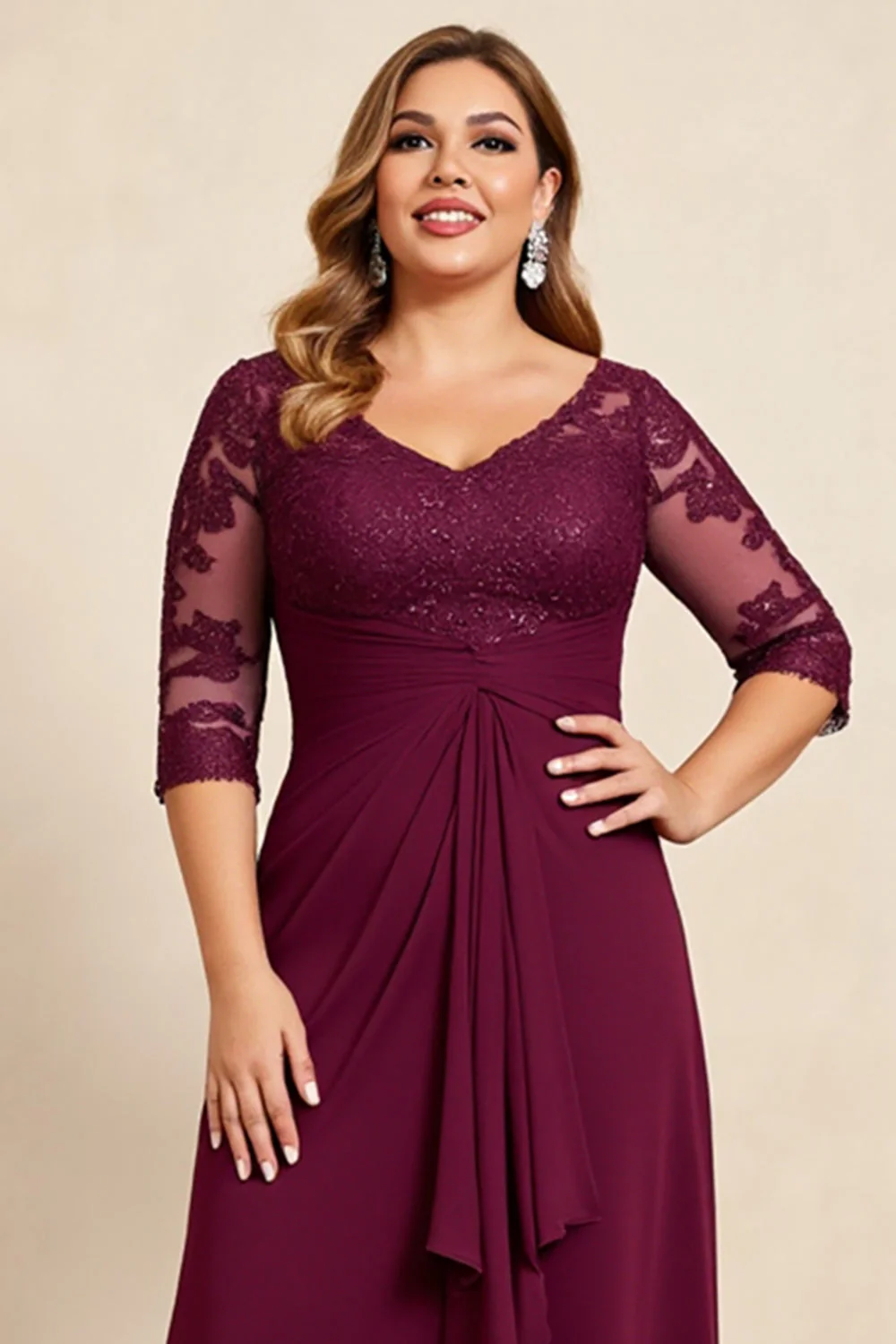 Burgundia Osłona Plus Size Szyfon Długa Sukienki Na Wesele z Falbankami - Image 3