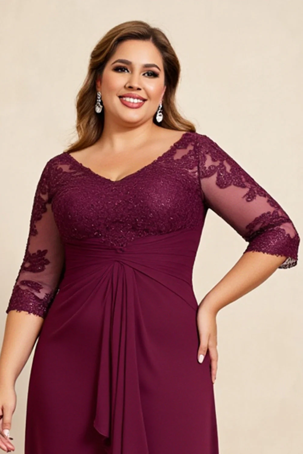 Burgundia Osłona Plus Size Szyfon Długa Sukienki Na Wesele z Falbankami - Image 5