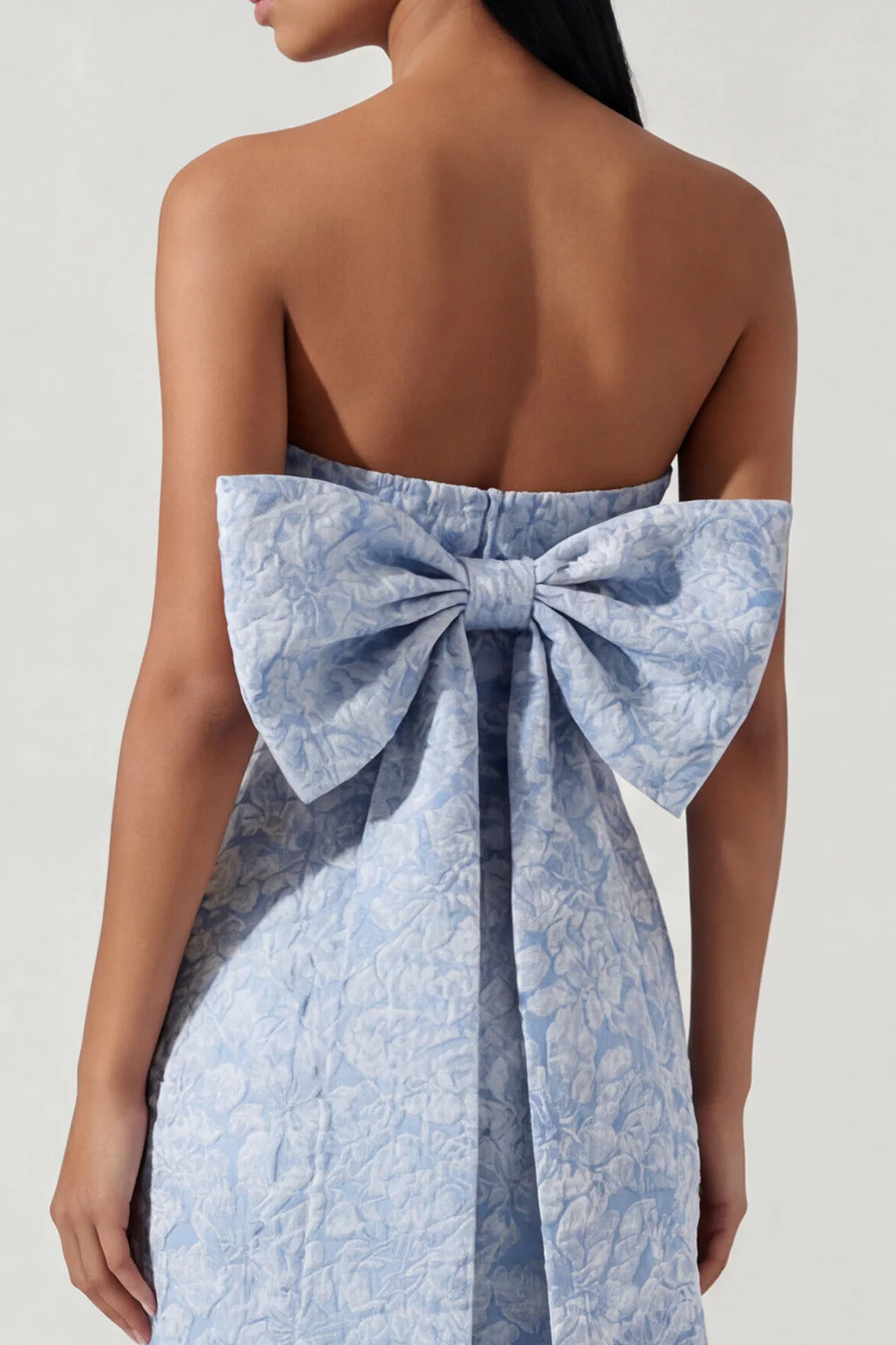 Bowknot Blue Jacquard Sheath Midi sukienka bez ramiączek z rozcięciem - Image 2