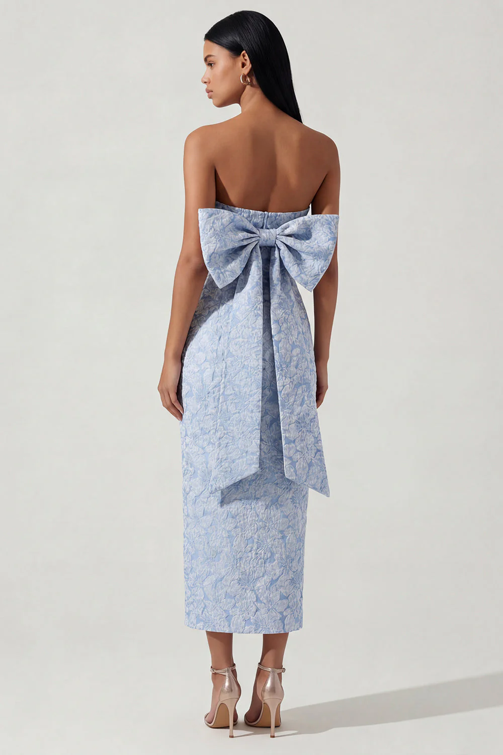 Bowknot Blue Jacquard Sheath Midi sukienka bez ramiączek z rozcięciem - Image 3