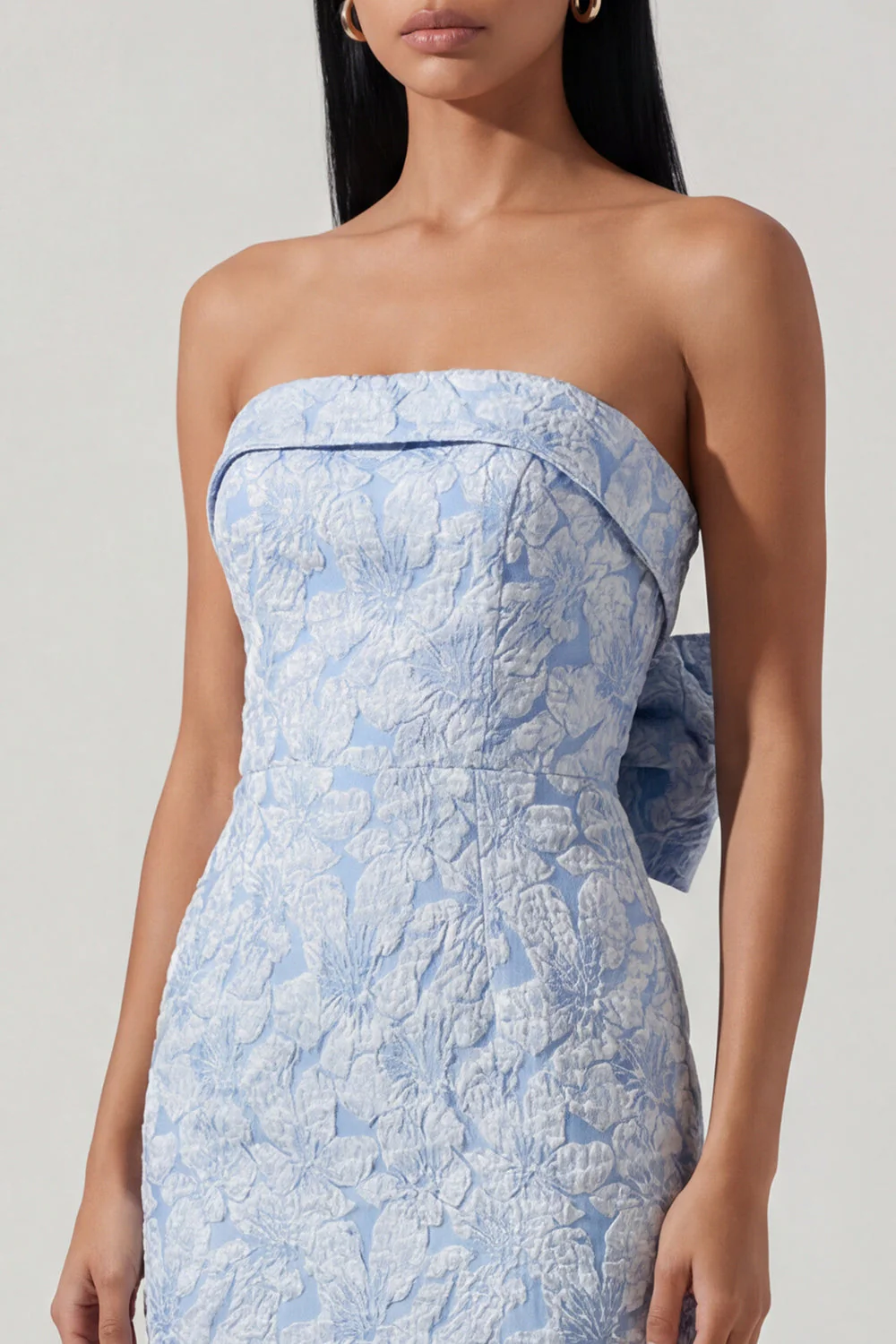 Bowknot Blue Jacquard Sheath Midi sukienka bez ramiączek z rozcięciem - Image 4