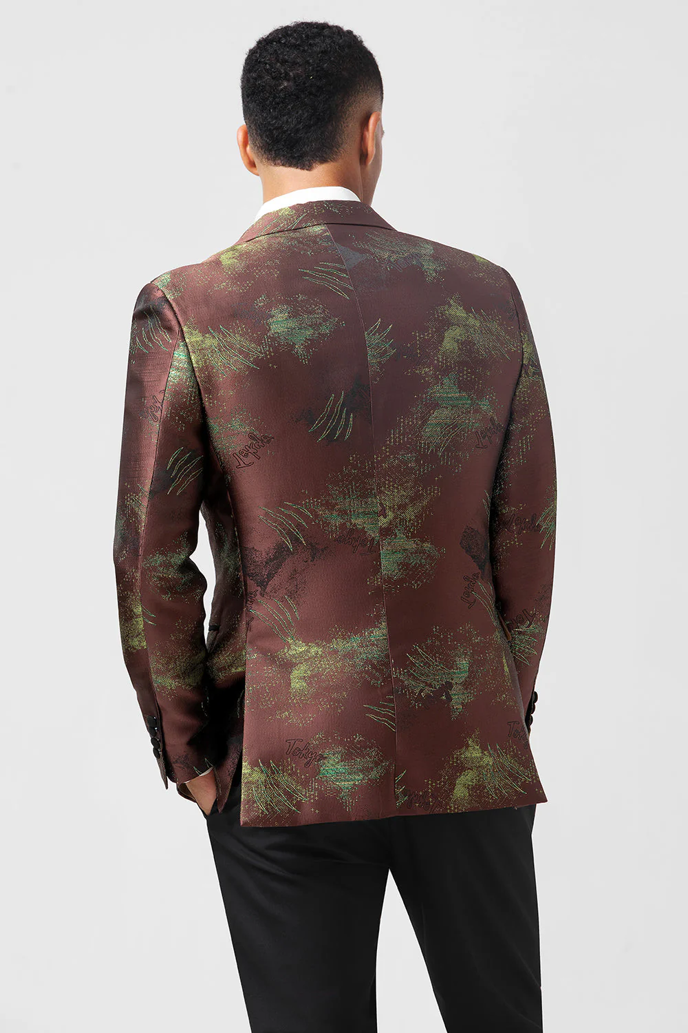 Brązowe 2-częściowe żakardowe klapy z klapami Slim Fit - Image 2