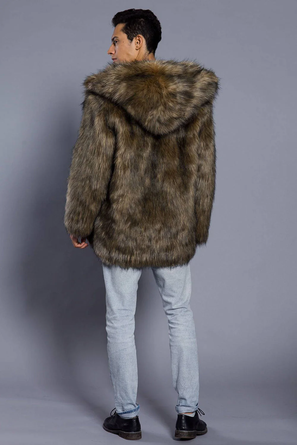 Brązowy Otwarty Przód Z Klapą Długi Płaszcz Męski Ze Sztucznego Futra - Image 8