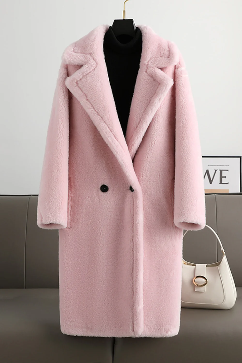 Brązowy Wyryskany Klapa Długi Płaszcz Teddy Wełny - Image 10