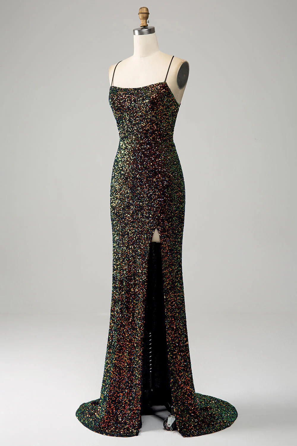Brokat Czarna Cekinowa Syrenka Sukienka Na Studniówkę Z Rozcięciem - Image 3