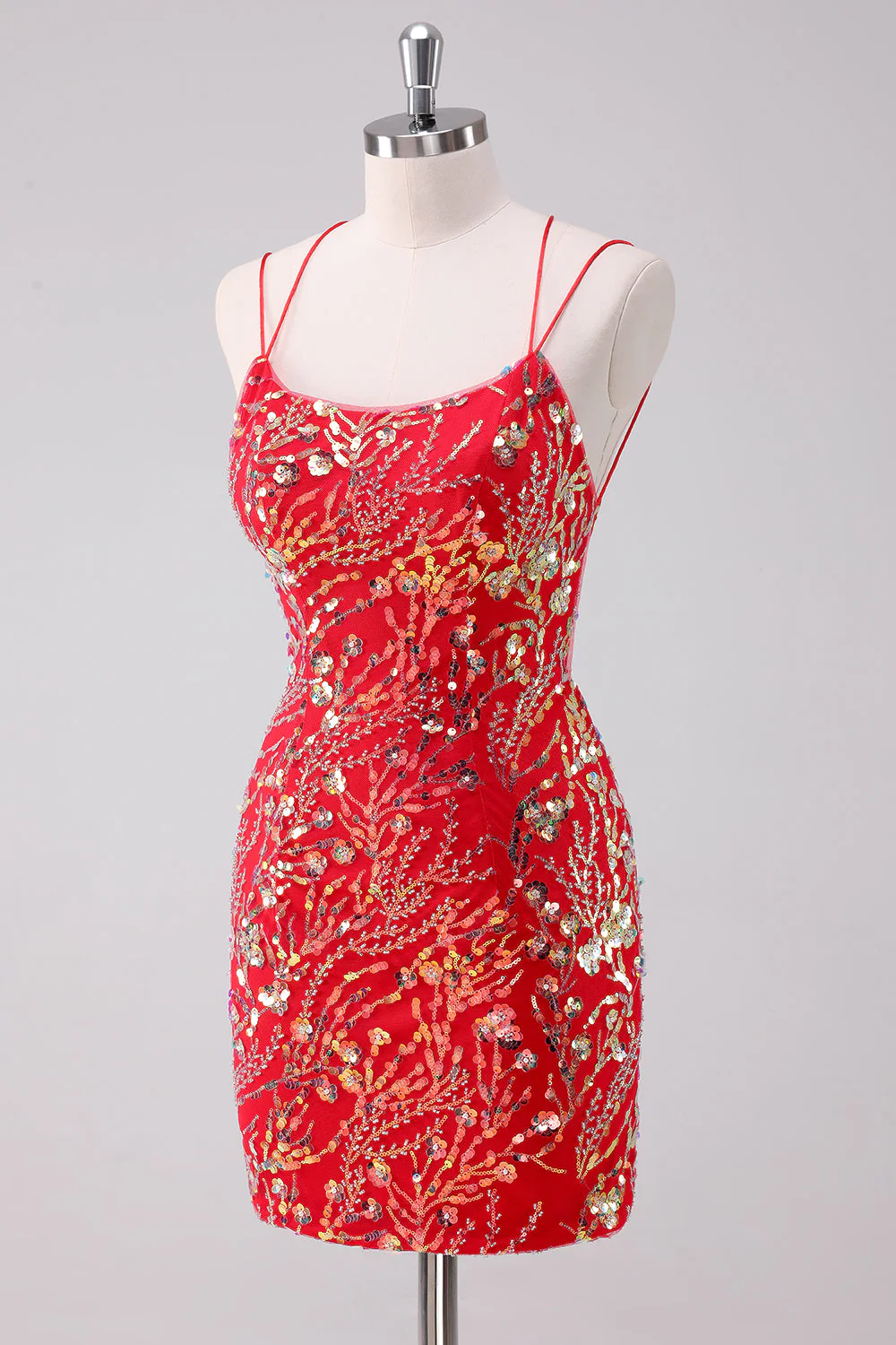 Brokat Czerwone Ramiączka Spaghetti Cekiny Bodycon Krótka Sukienka Na Powrót Do Domu - Image 3
