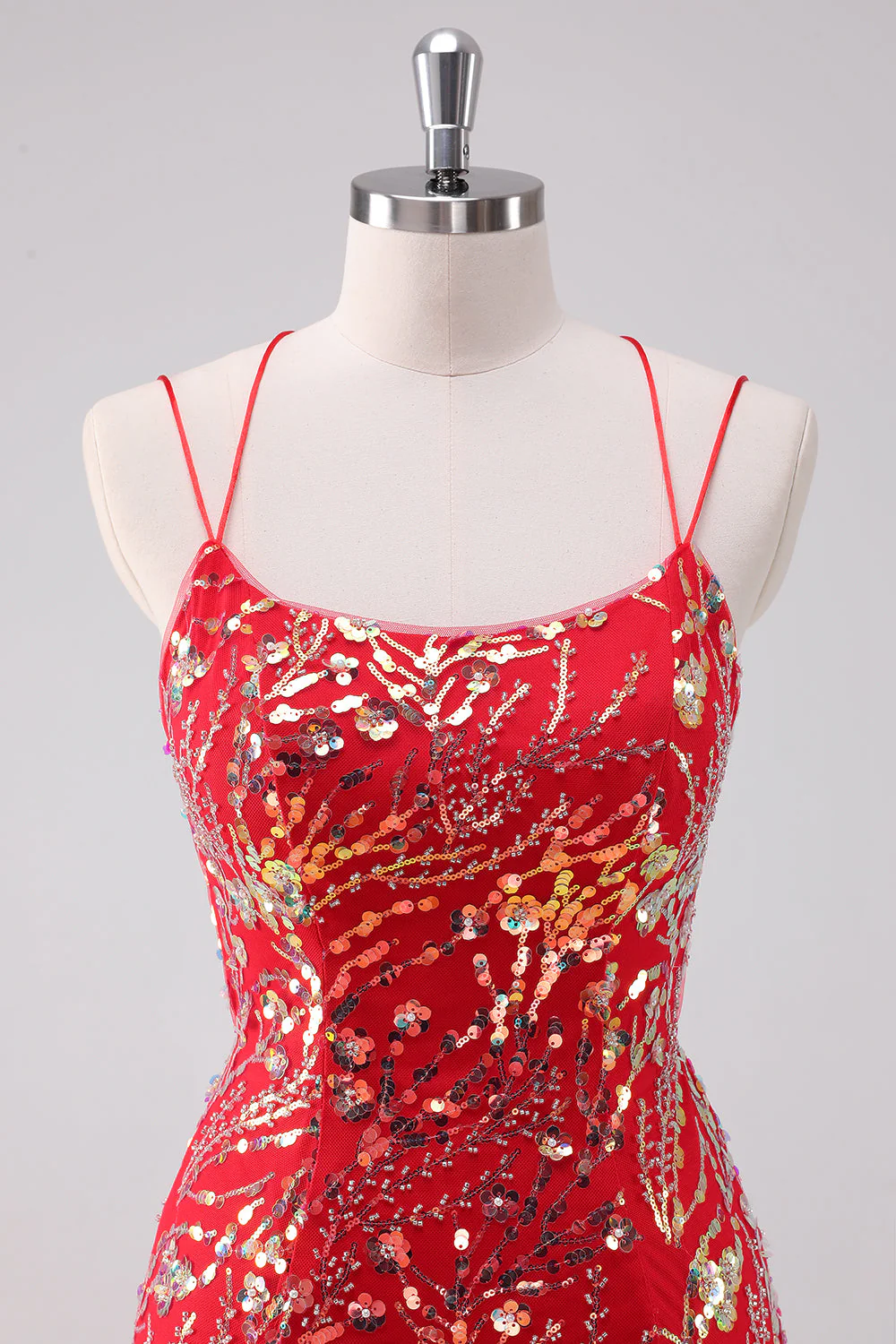 Brokat Czerwone Ramiączka Spaghetti Cekiny Bodycon Krótka Sukienka Na Powrót Do Domu - Image 4