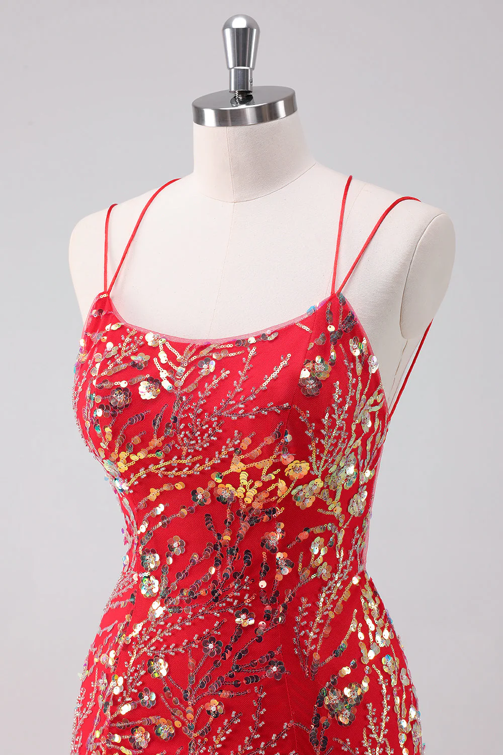 Brokat Czerwone Ramiączka Spaghetti Cekiny Bodycon Krótka Sukienka Na Powrót Do Domu - Image 6