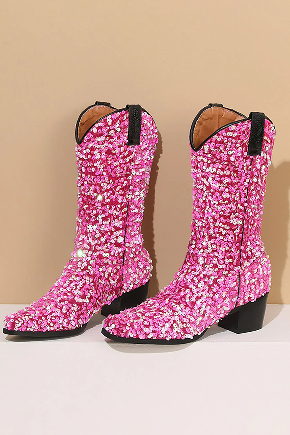 Brokat Do połowy łydki Cekiny Snip Toe Chunky Obcasy Buty - Image 3