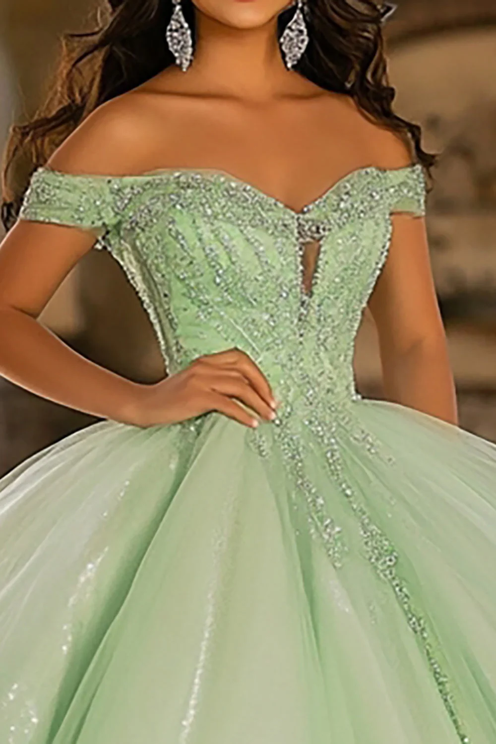 Brokat Jasny Tiul Zielony Suknia Balowa Długa Sukienka Quinceanera Z Aplikacjami - Image 2