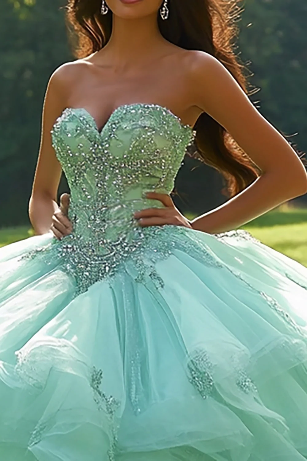 Brokat Mięta Tiul Kochanie Księżniczka Quinceanera Sukienka z koralikami - Image 2