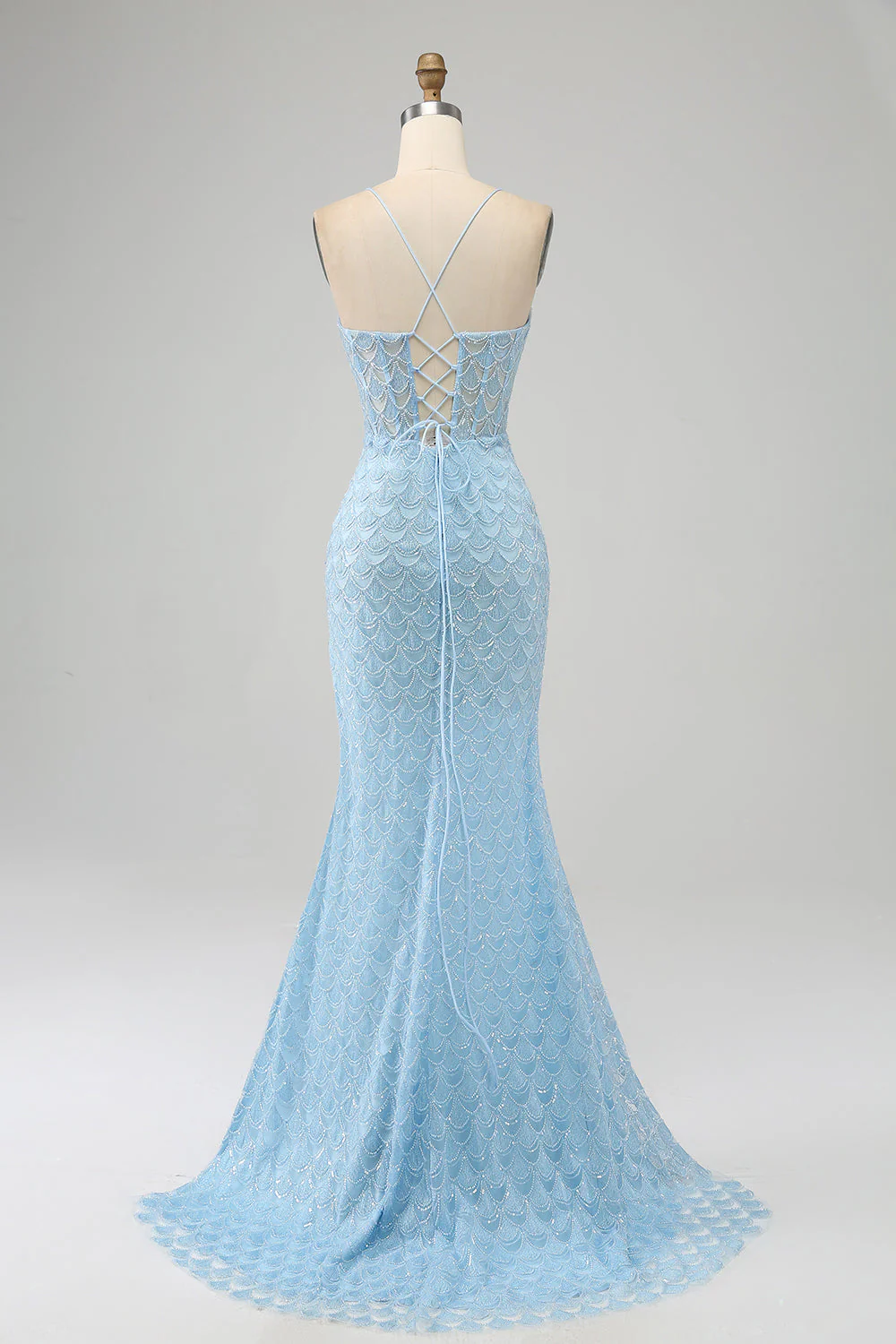 Brokat Sky Blue Spaghetti Ramiączka Syrena Sukienka na studniówkę z rozcięciem - Image 2