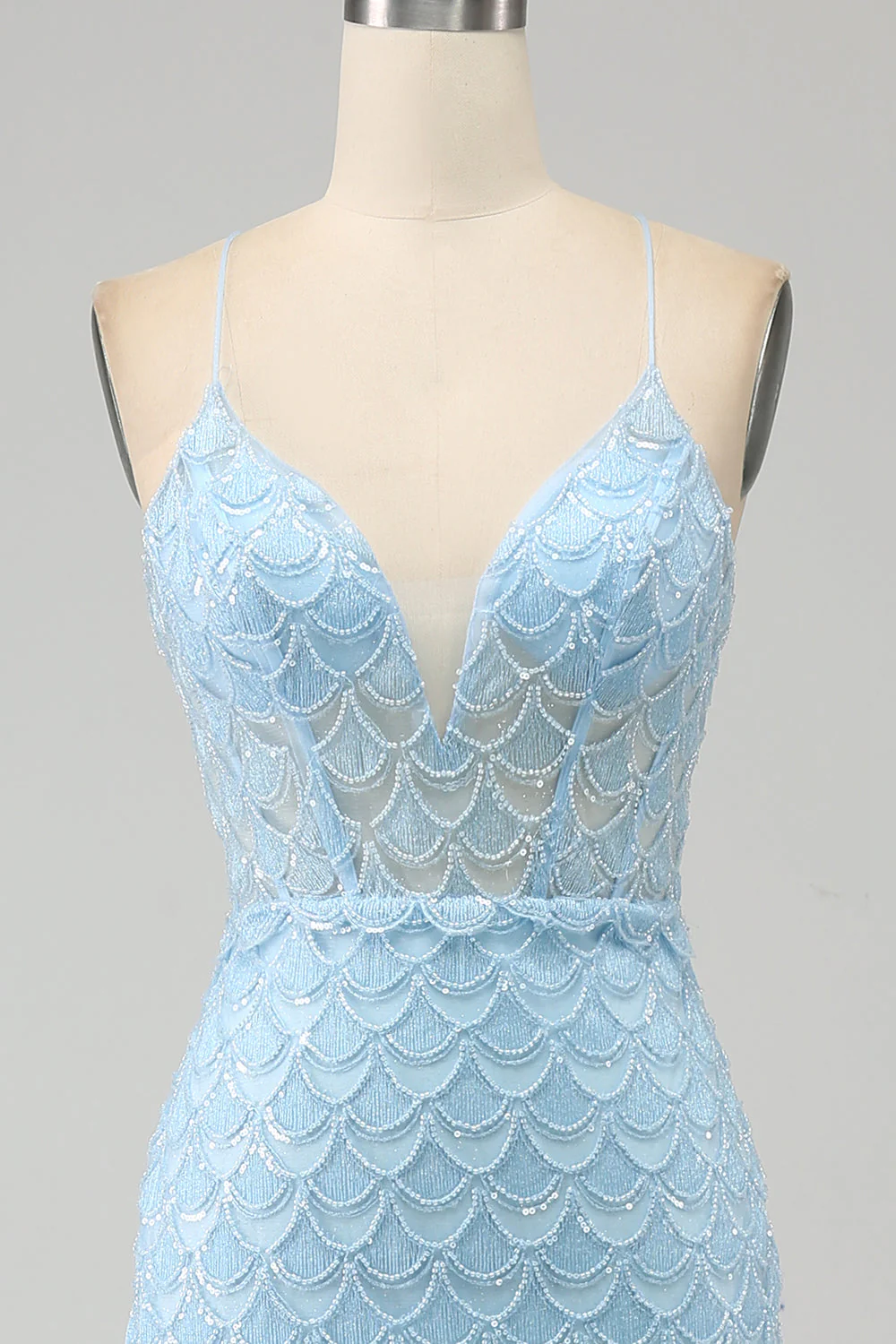 Brokat Sky Blue Spaghetti Ramiączka Syrena Sukienka na studniówkę z rozcięciem - Image 4