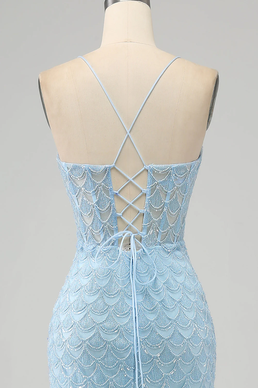 Brokat Sky Blue Spaghetti Ramiączka Syrena Sukienka na studniówkę z rozcięciem - Image 5