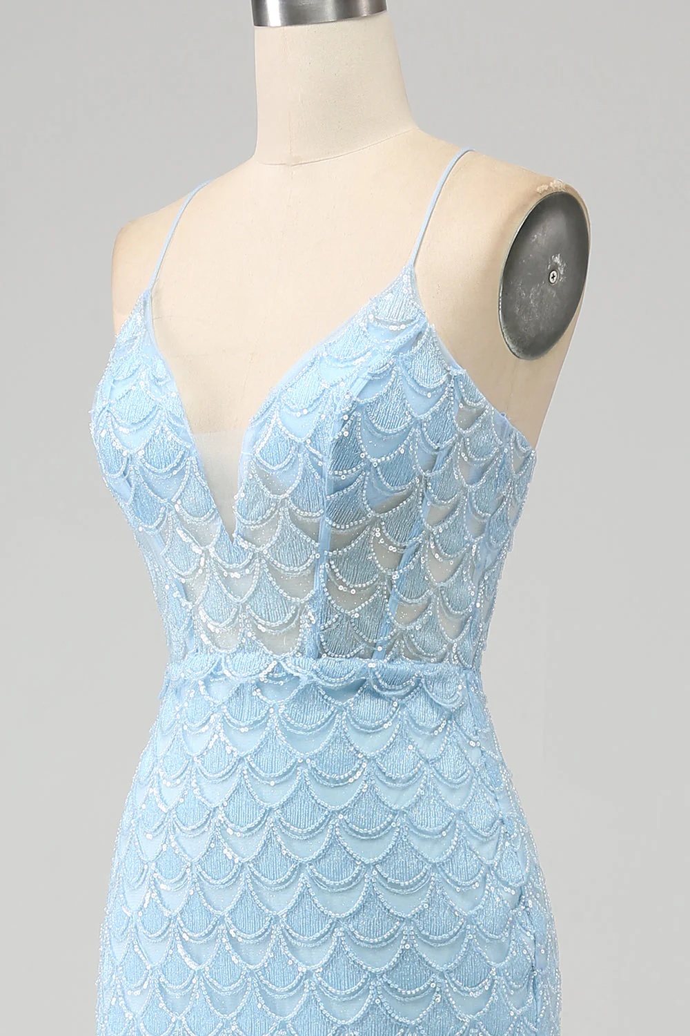 Brokat Sky Blue Spaghetti Ramiączka Syrena Sukienka na studniówkę z rozcięciem - Image 6
