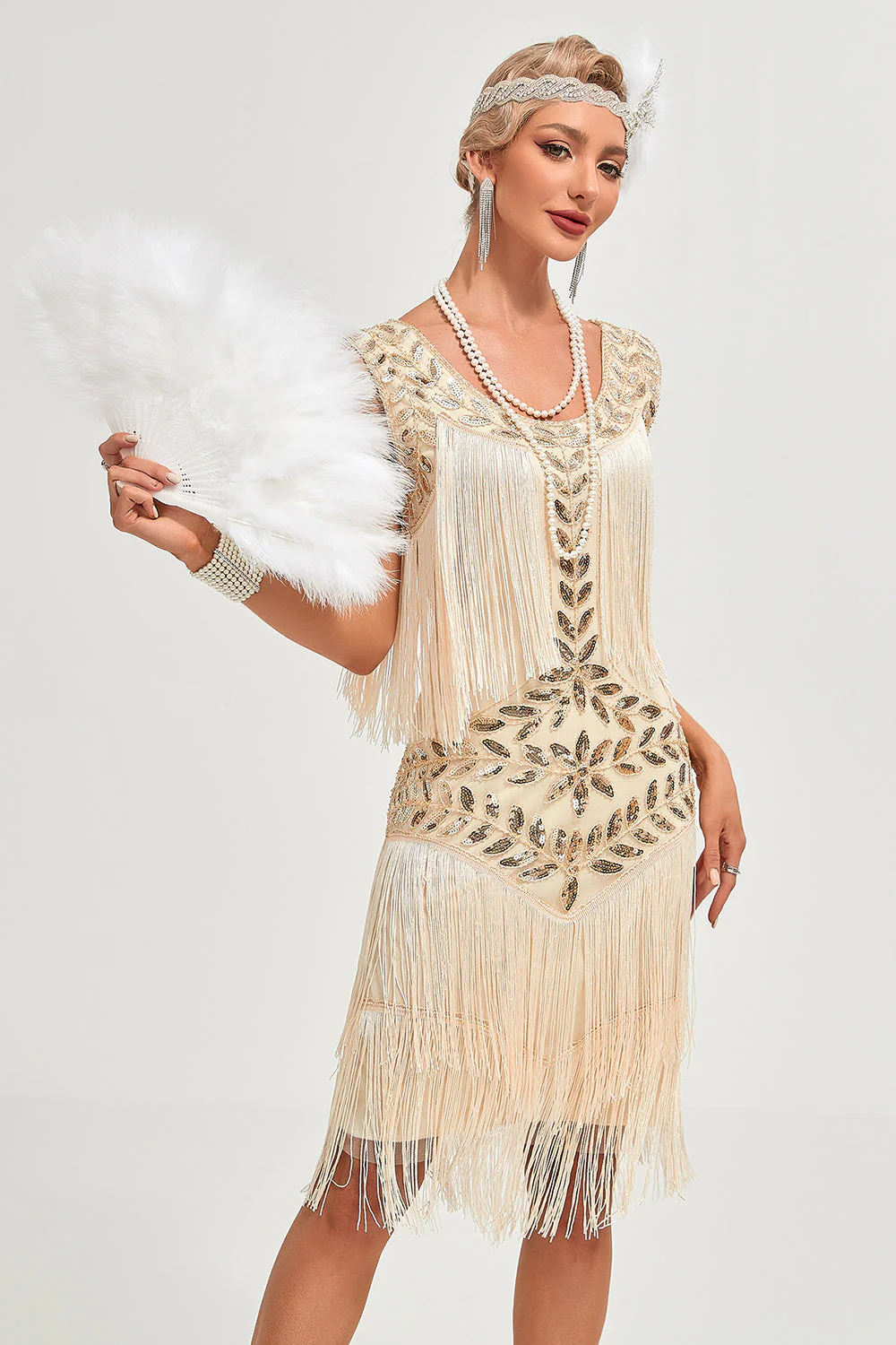 Brokat Szampan Cekiny Frędzle Sukienka Lata 20 Wielki Gatsby Z Zestawem Akcesoriów - Image 5