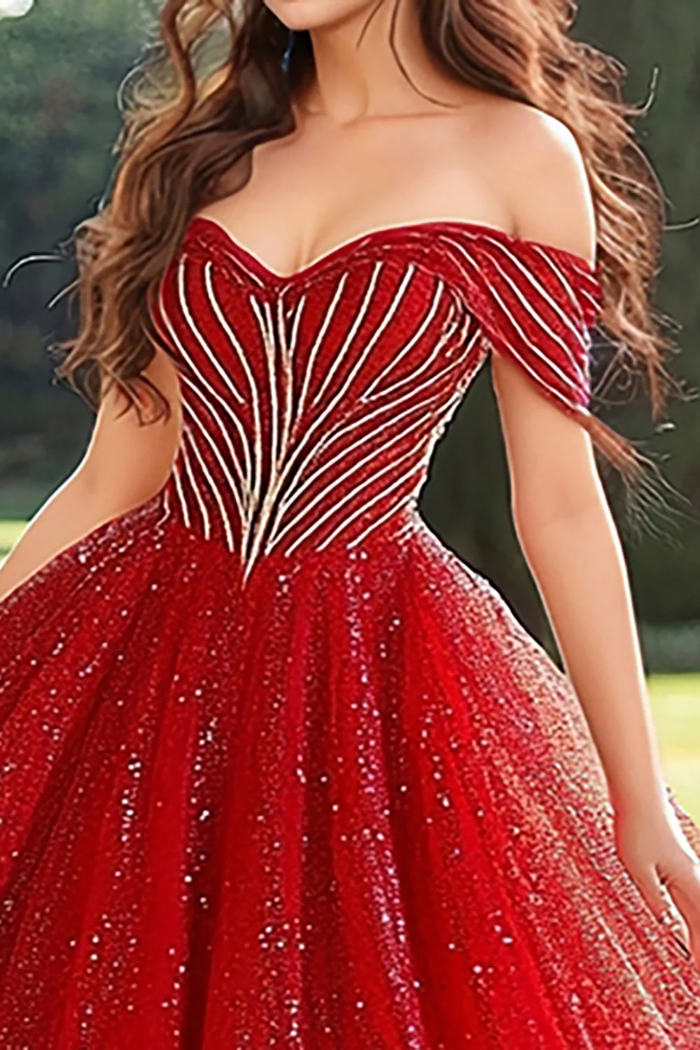 Brokatowa czerwona sukienka księżniczki quinceanera z ramionami z aplikacjami - Image 2