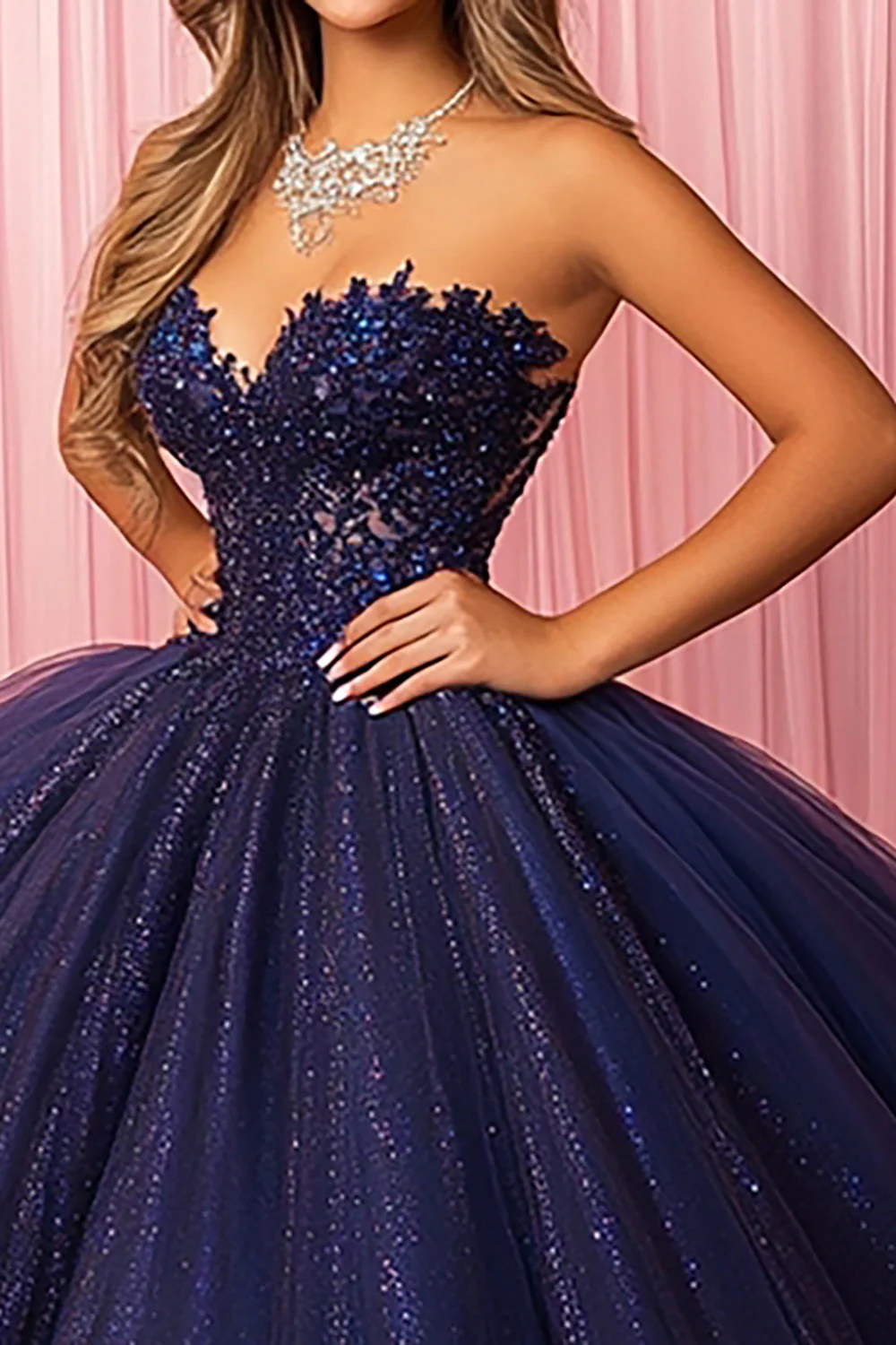 Brokatowa Granatowa Koronkowa Sukienka Bez Ramiączek Z Aplikacjami Quinceanera - Image 2