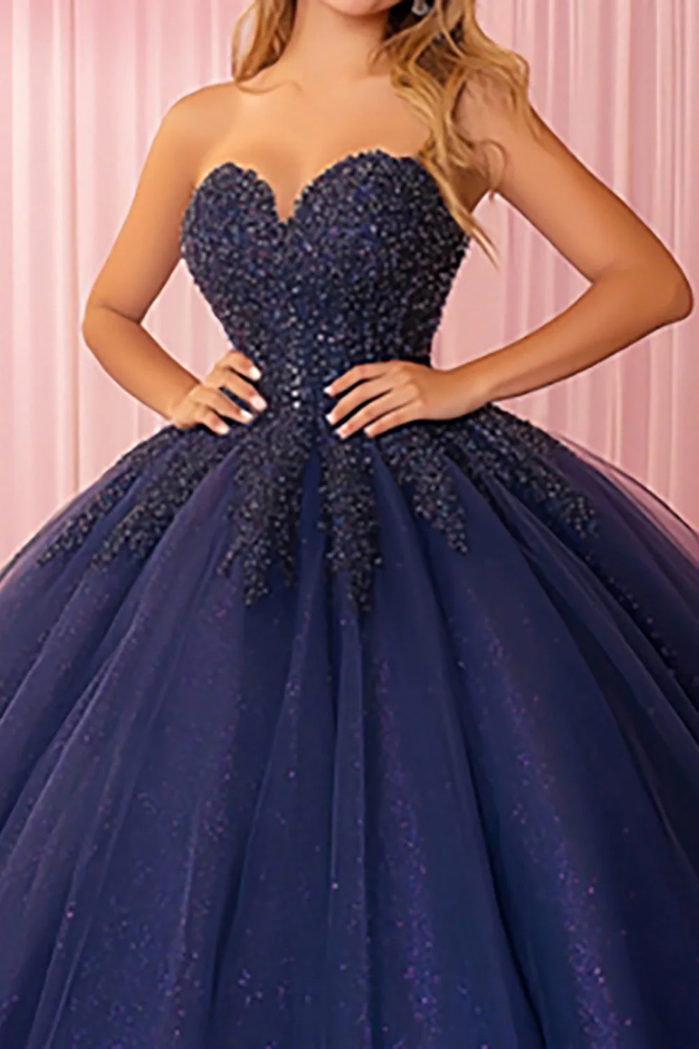 Brokatowa granatowa suknia balowa bez ramiączek Koronkowa sukienka z aplikacjami Quinceanera - Image 2