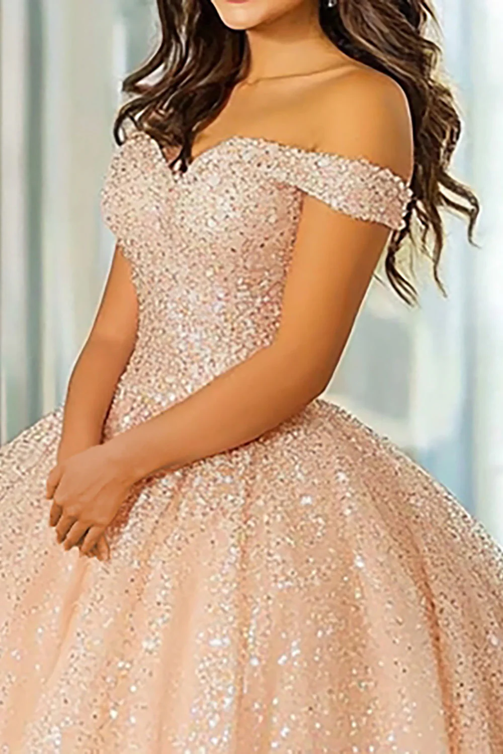 Brokatowa suknia balowa Szampan Off The Shoulder Koronkowa sukienka z aplikacjami Quinceanera - Image 2
