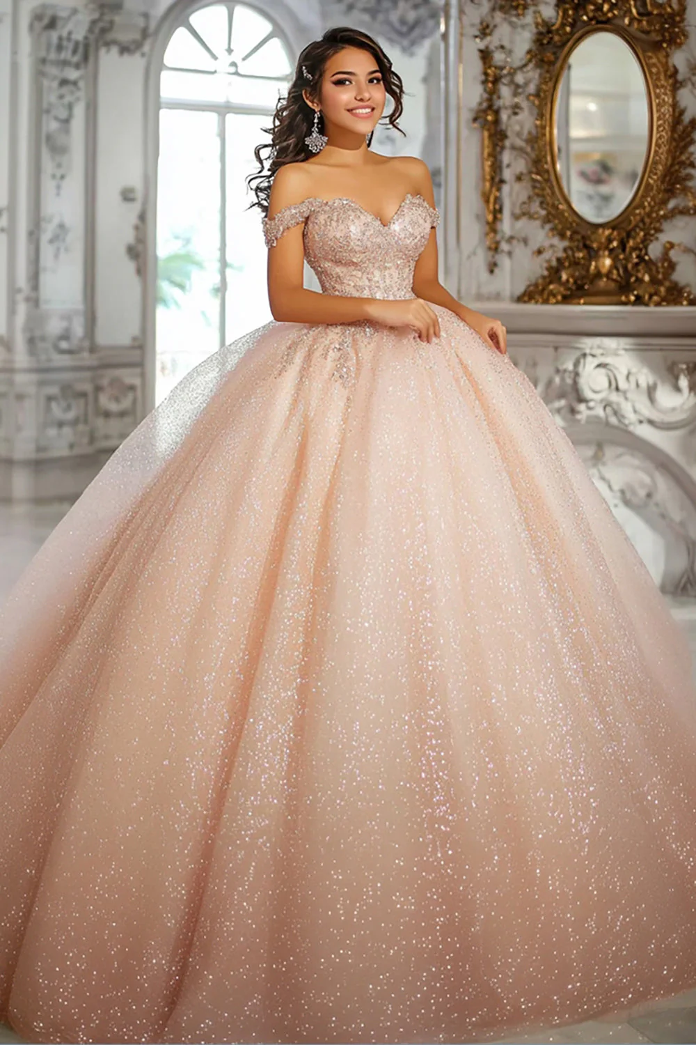 Brokatowa szampańska suknia balowa z odkrytymi ramionami z aplikacją Quinceanera