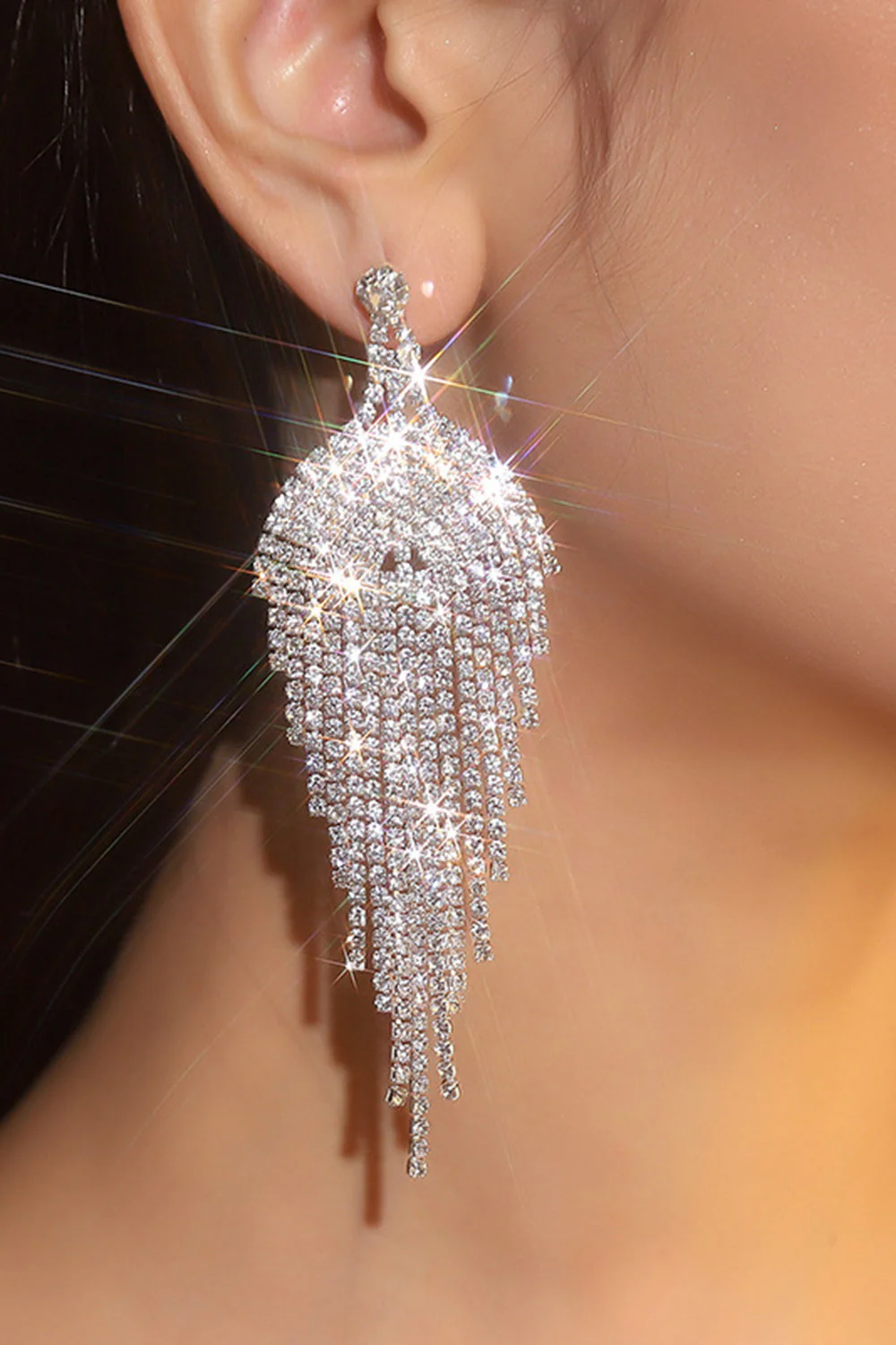Brokatowe srebrne kolczyki z frędzlami Rhinestone - Image 4