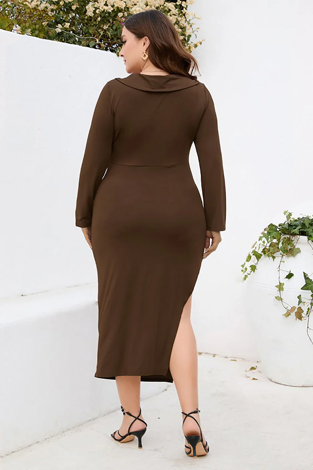 Burgundia Bodycon Dekolt V Długie Rękawy Plus Size Sukienka Robocza Z Rozcięciem - Image 12