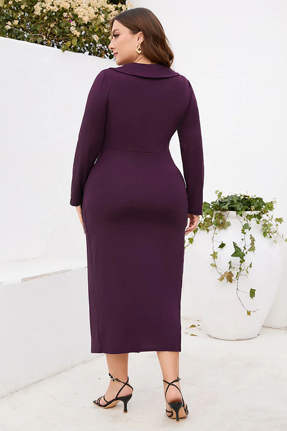 Burgundia Bodycon Dekolt V Długie Rękawy Plus Size Sukienka Robocza Z Rozcięciem - Image 7