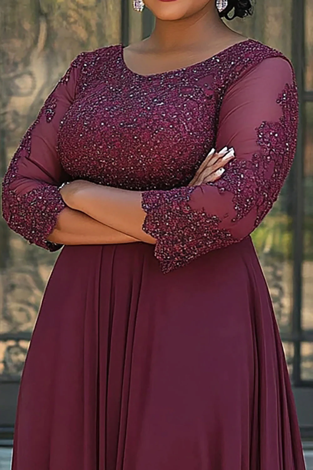 Burgundia Plus Size Szyfon Kształcie Litery A Długa Sukienki Na Wesele z Koronki - Image 2